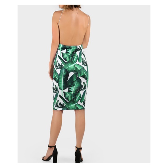 White Green Tropical Print Backless Midi Dress - Picture 8 of 8